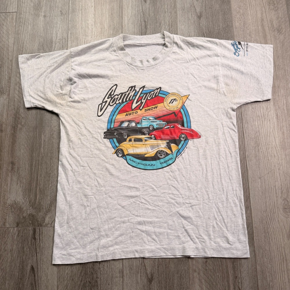 Vintage 1995 single stitch Men L Auto Show T-Shirt Michigan Cars Heather Gray